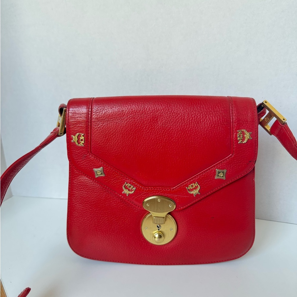 Vintage MCM Red Leather Crossbody Bag – Gold Hardware, Made in Germany